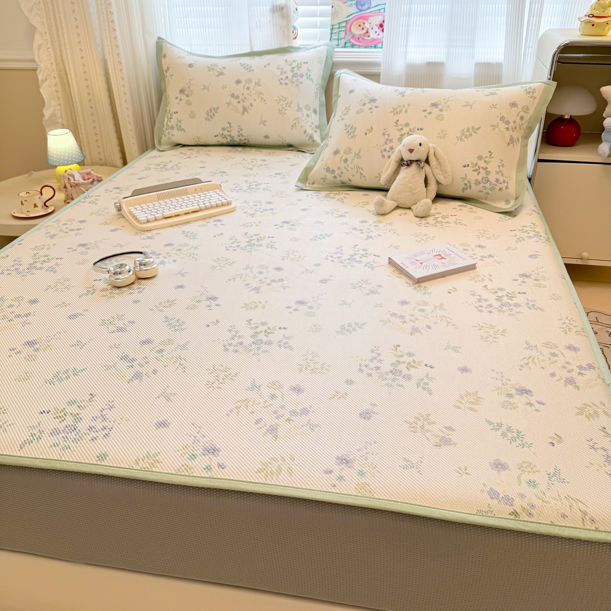 91家纺网 家纺一手货源 找家纺 慕尚家纺 2026新款清新凉感冰藤席床笠款 梦幻紫花