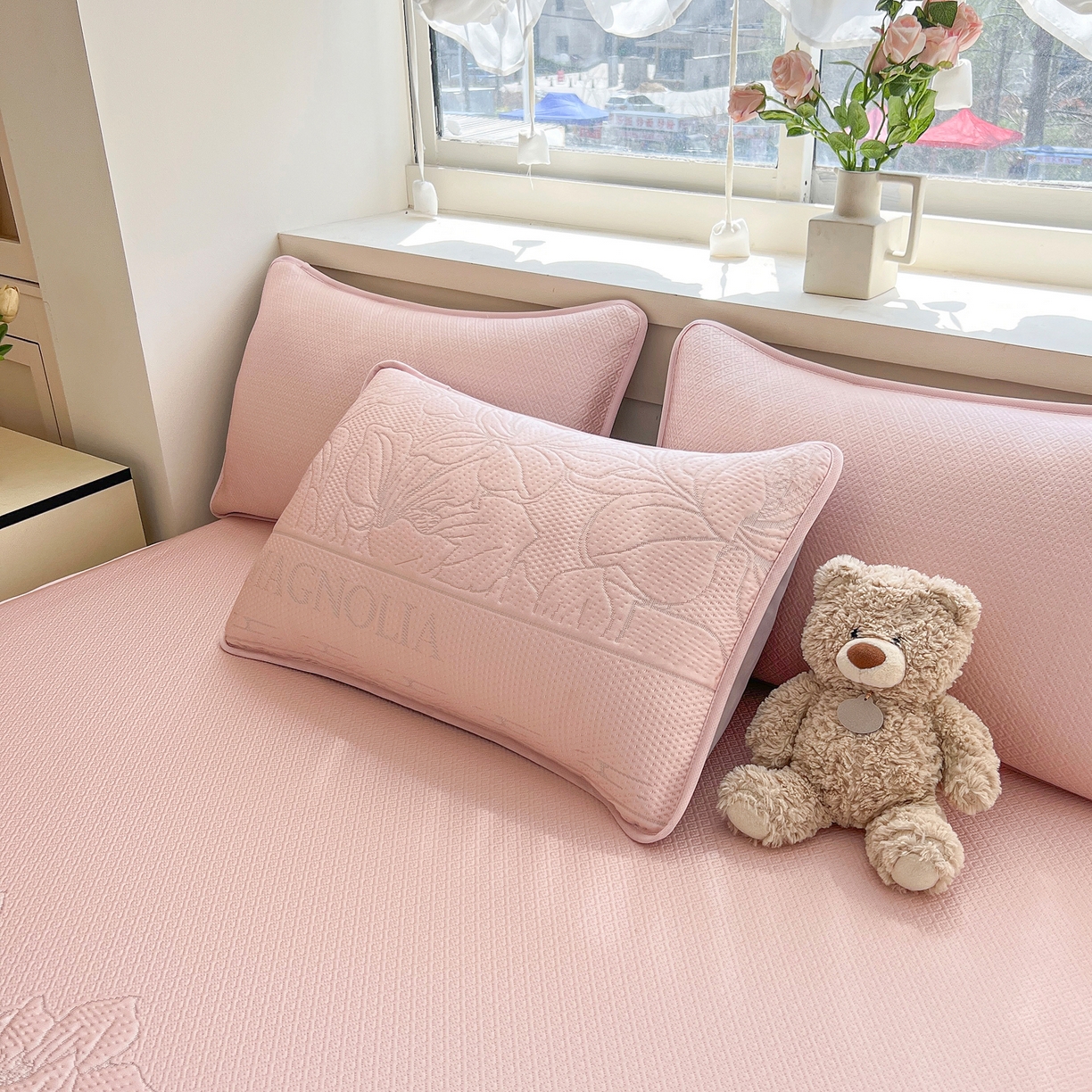 91家纺网 家纺一手货源 找家纺 能好家纺 2026新款高分子PE冰豆豆凉席床笠款 半夏粉