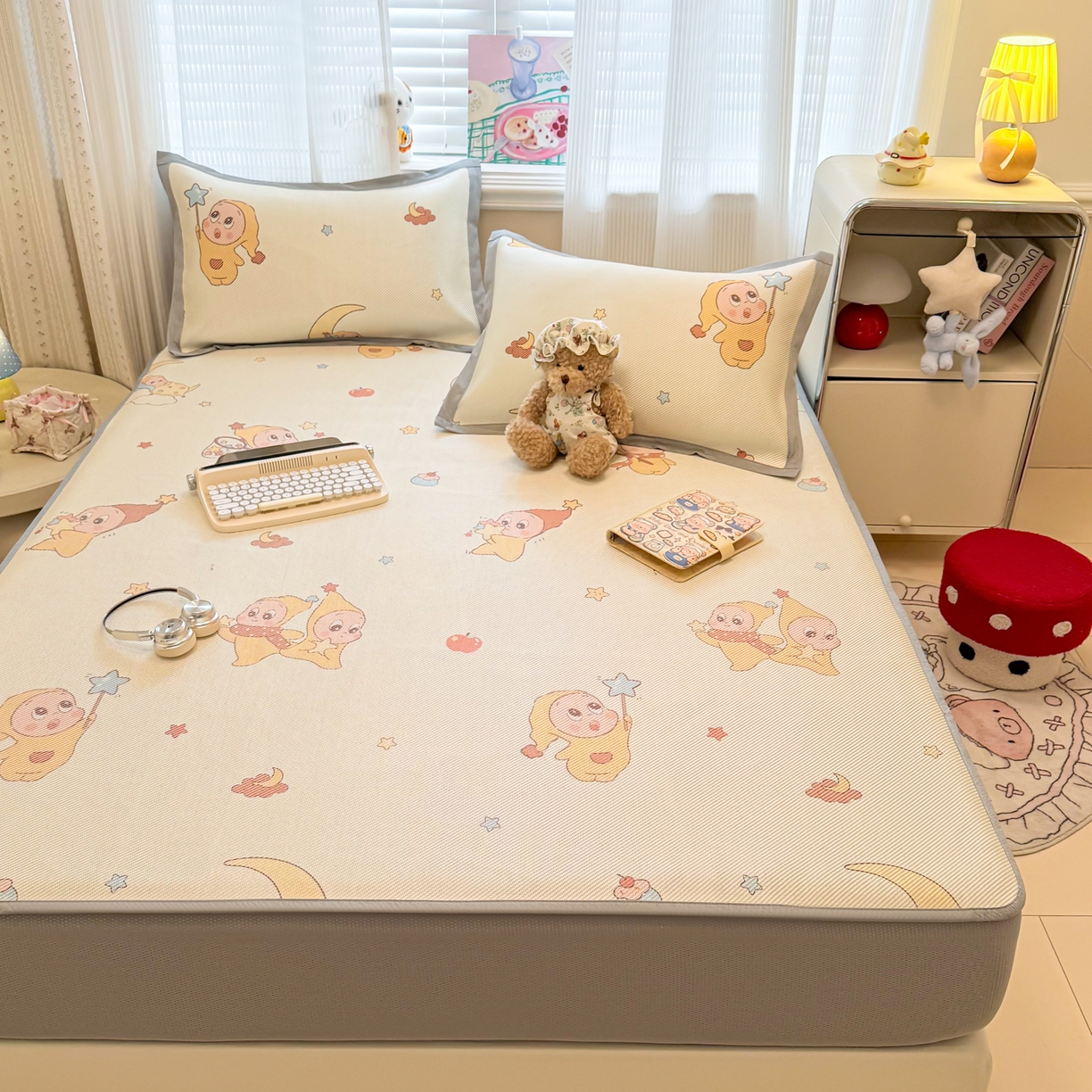 91家纺网 家纺一手货源 找家纺 慕尚家纺 2026新款清新凉感冰藤席床笠款 天使星仔