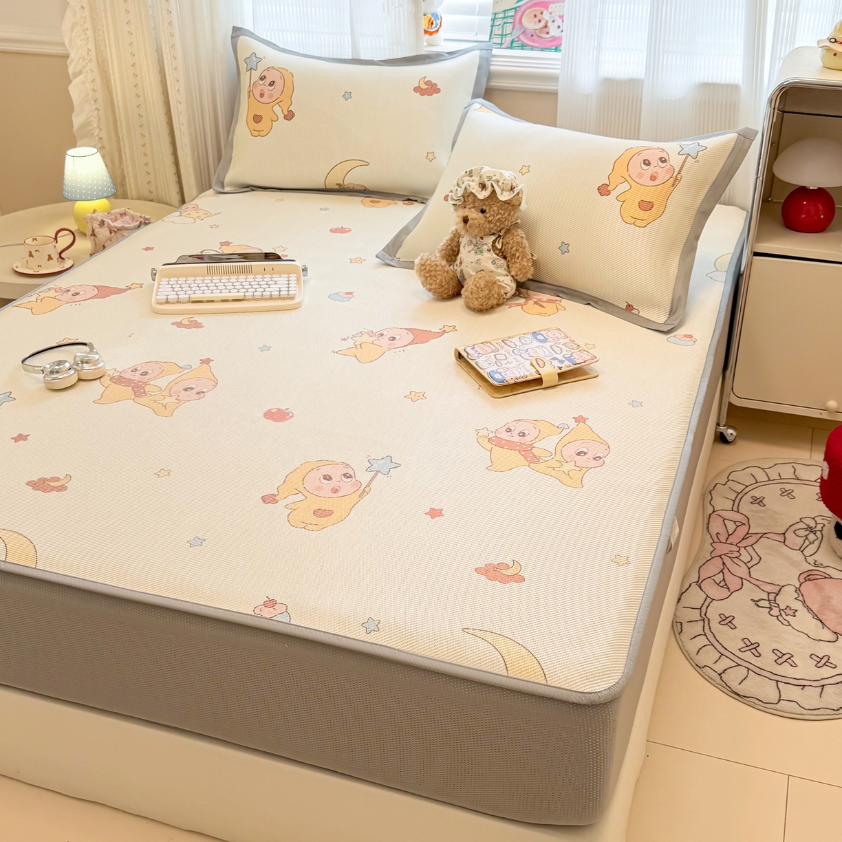 91家纺网 家纺一手货源 找家纺 慕尚家纺 2026新款清新凉感冰藤席床笠款 天使星仔