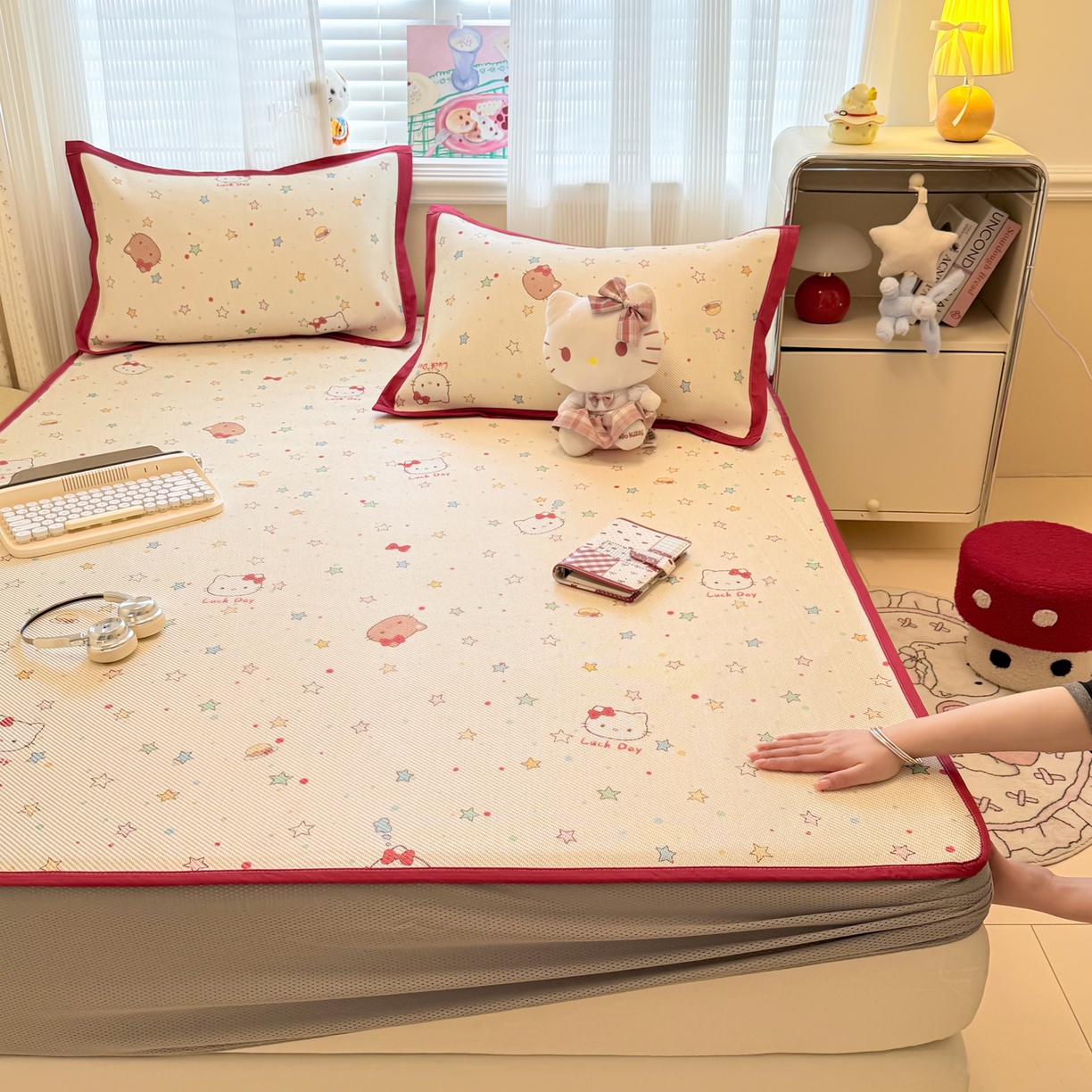 91家纺网 家纺一手货源 找家纺 慕尚家纺 2026新款清新凉感冰藤席床笠款 小猫耶