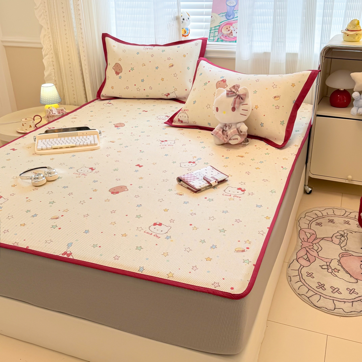 91家纺网 家纺一手货源 找家纺 慕尚家纺 2026新款清新凉感冰藤席床笠款 小猫耶