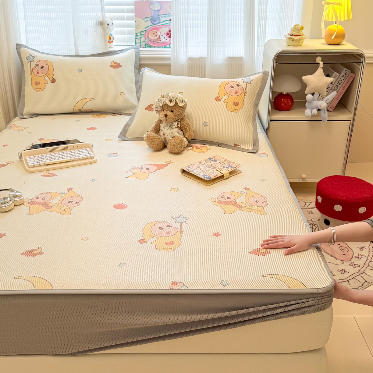 91家纺网 家纺一手货源 找家纺 慕尚家纺 2026新款清新凉感冰藤席床笠款 天使星仔