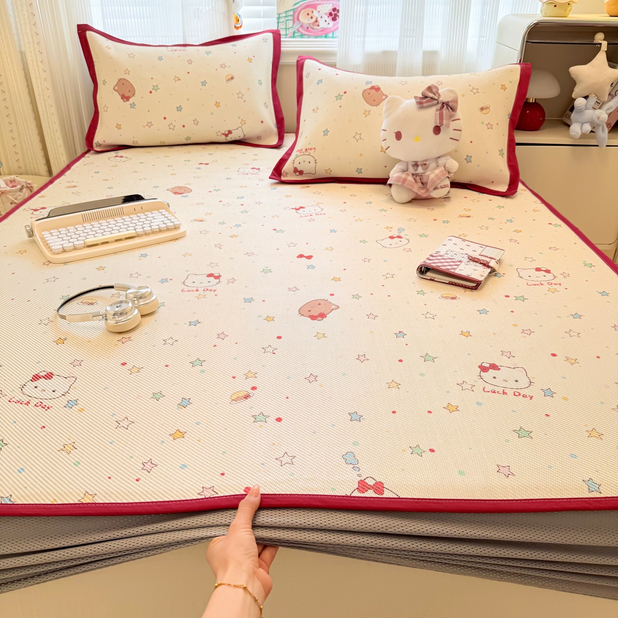 91家纺网 家纺一手货源 找家纺 慕尚家纺 2026新款清新凉感冰藤席床笠款 小猫耶