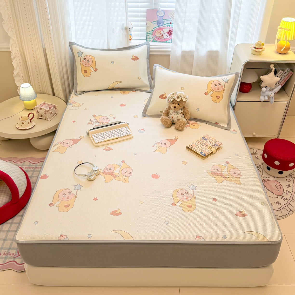 91家纺网 家纺一手货源 找家纺 慕尚家纺 2026新款清新凉感冰藤席床笠款 天使星仔