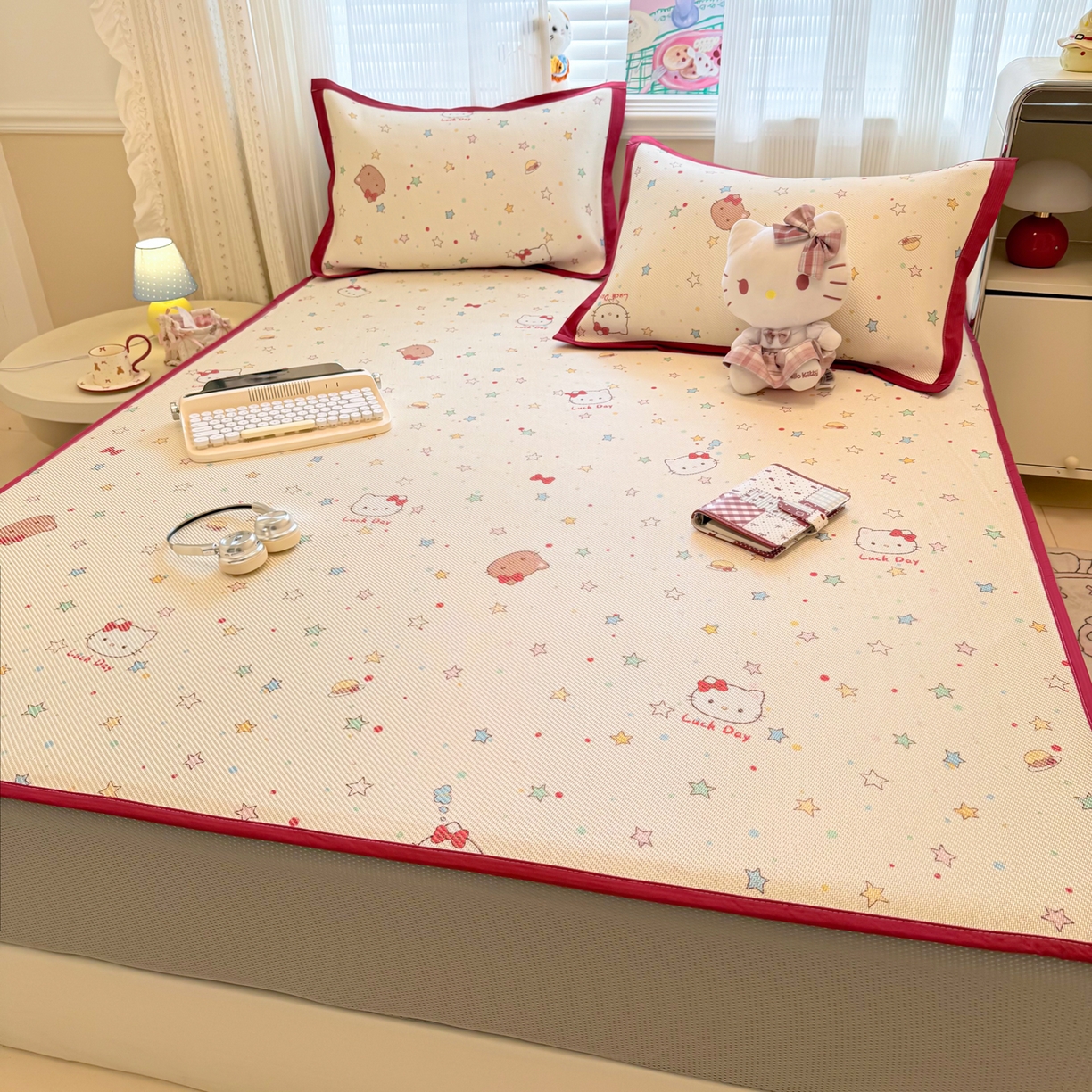 91家纺网 家纺一手货源 找家纺 慕尚家纺 2026新款清新凉感冰藤席床笠款 小猫耶