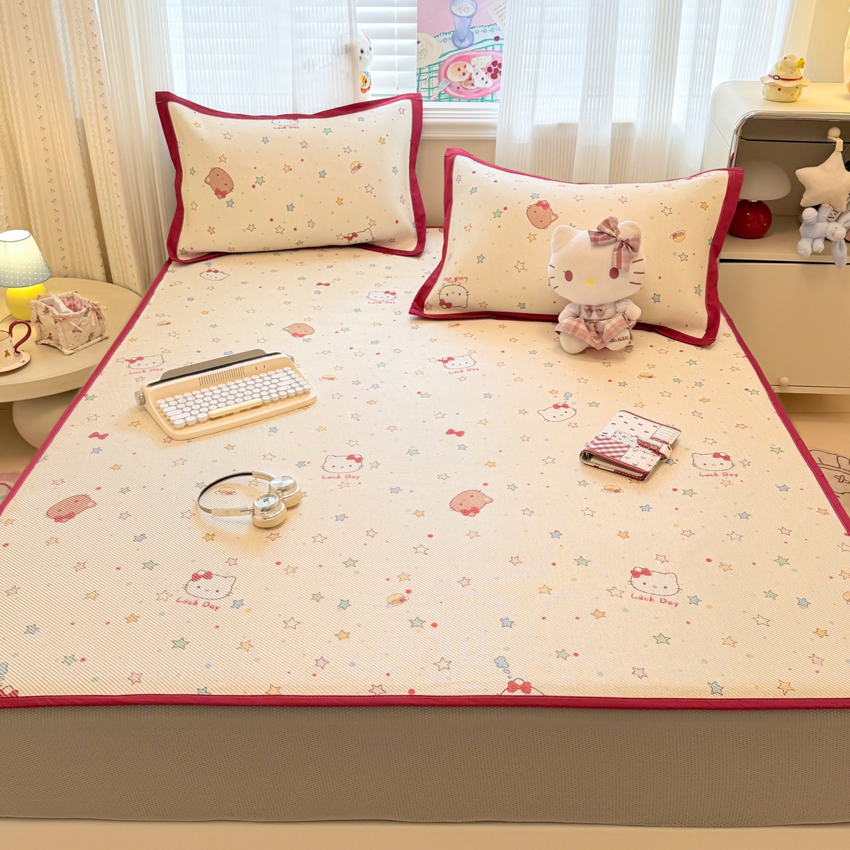 91家纺网 家纺一手货源 找家纺 慕尚家纺 2026新款清新凉感冰藤席床笠款 小猫耶