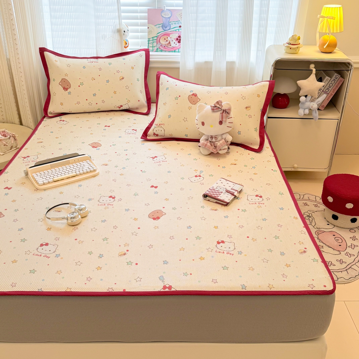 91家纺网 家纺一手货源 找家纺 慕尚家纺 2026新款清新凉感冰藤席床笠款 小猫耶