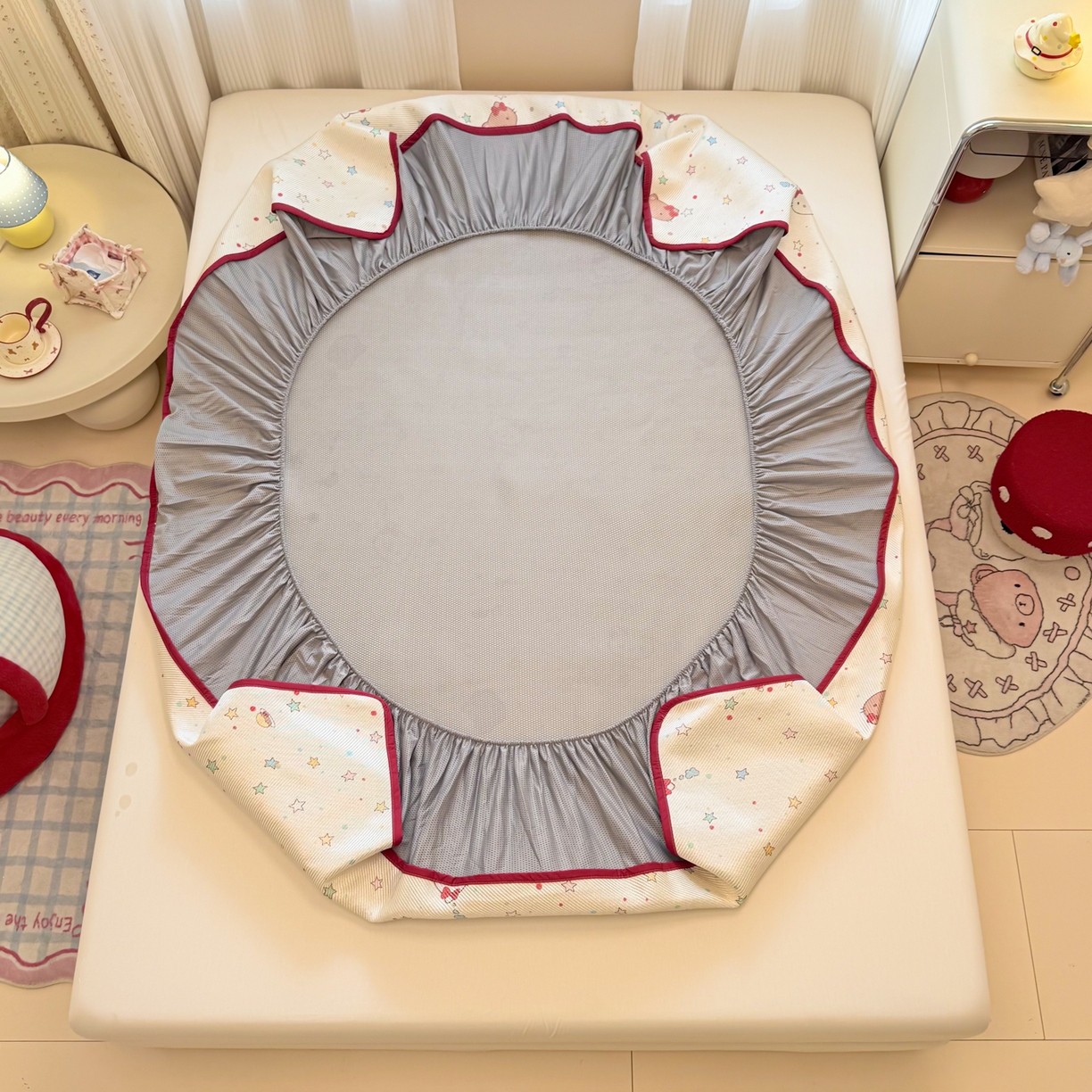 91家纺网 家纺一手货源 找家纺 慕尚家纺 2026新款清新凉感冰藤席床笠款 小猫耶