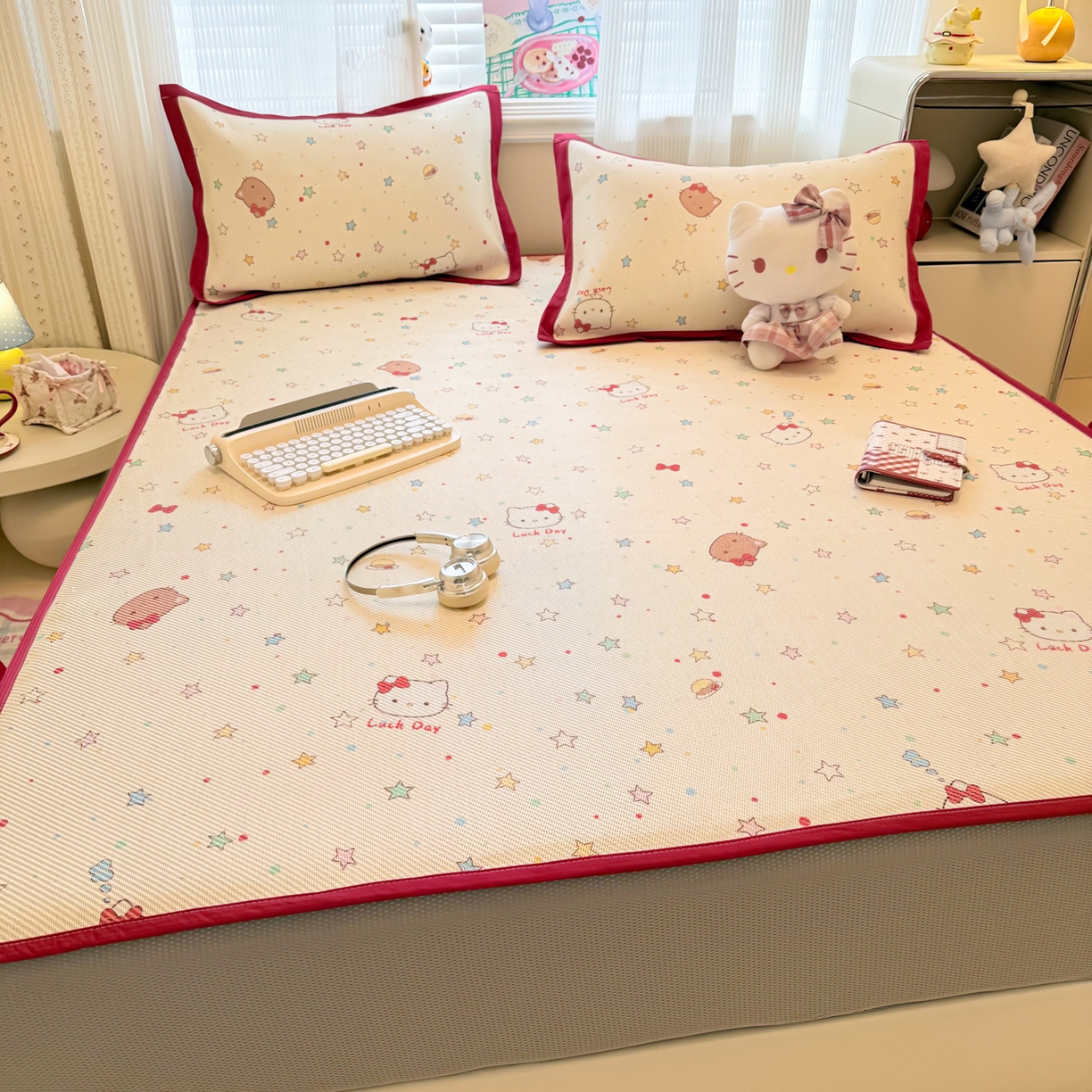 91家纺网 家纺一手货源 找家纺 慕尚家纺 2026新款清新凉感冰藤席床笠款 小猫耶