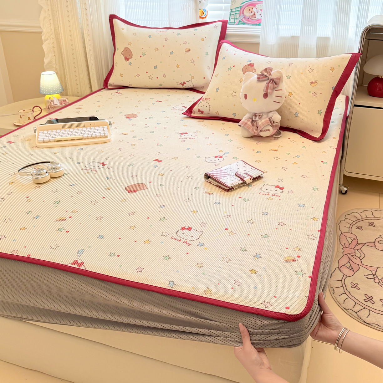 91家纺网 家纺一手货源 找家纺 慕尚家纺 2026新款清新凉感冰藤席床笠款 小猫耶