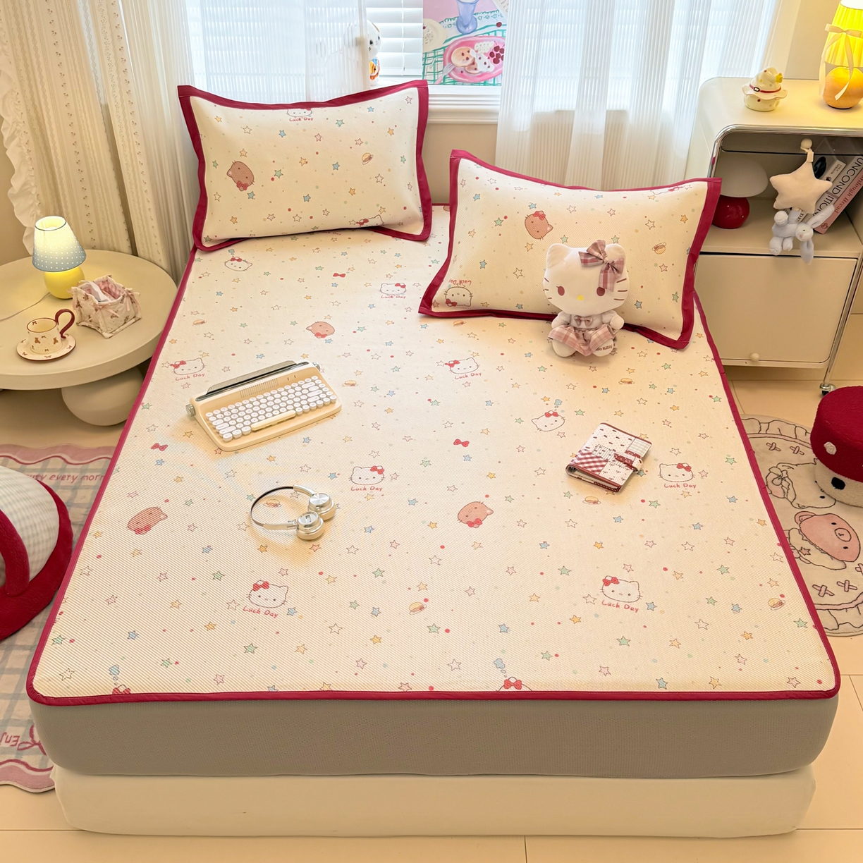 91家纺网 家纺一手货源 找家纺 慕尚家纺 2026新款清新凉感冰藤席床笠款 小猫耶