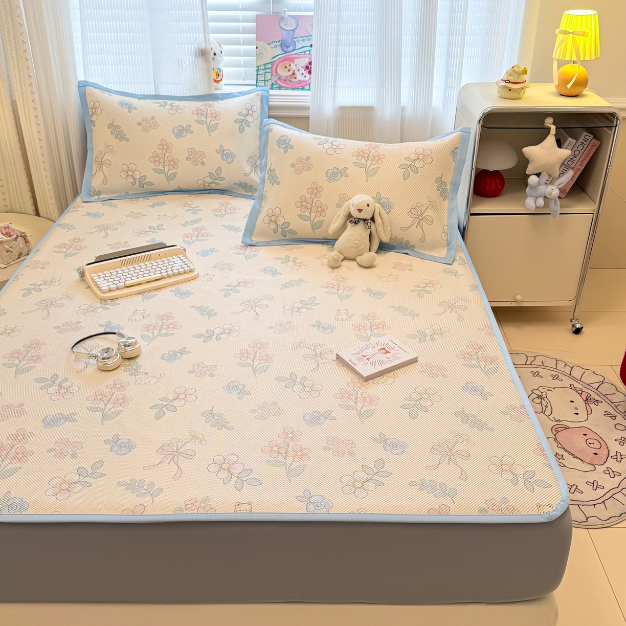 91家纺网 家纺一手货源 找家纺 慕尚家纺 2026新款清新凉感冰藤席床笠款 活力小猫