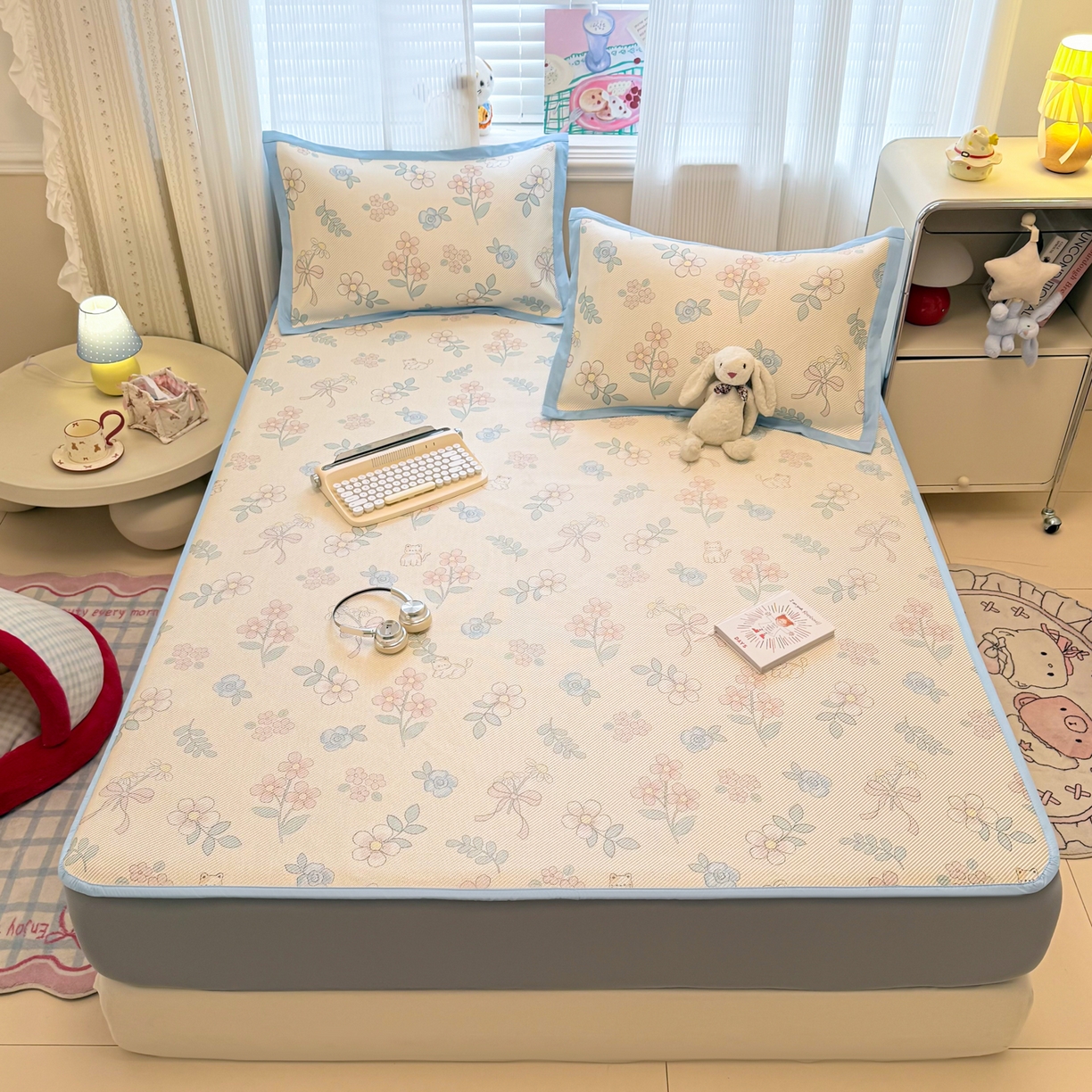 91家纺网 家纺一手货源 找家纺 慕尚家纺 2026新款清新凉感冰藤席床笠款 活力小猫