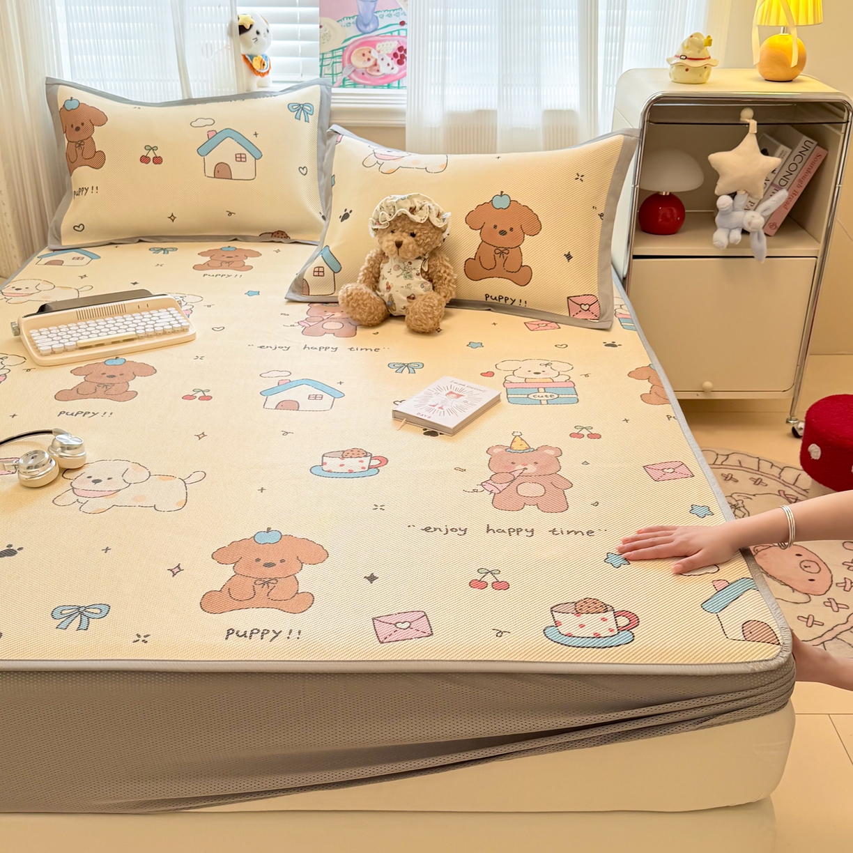 91家纺网 家纺一手货源 找家纺 慕尚家纺 2026新款清新凉感冰藤席床笠款 小福气