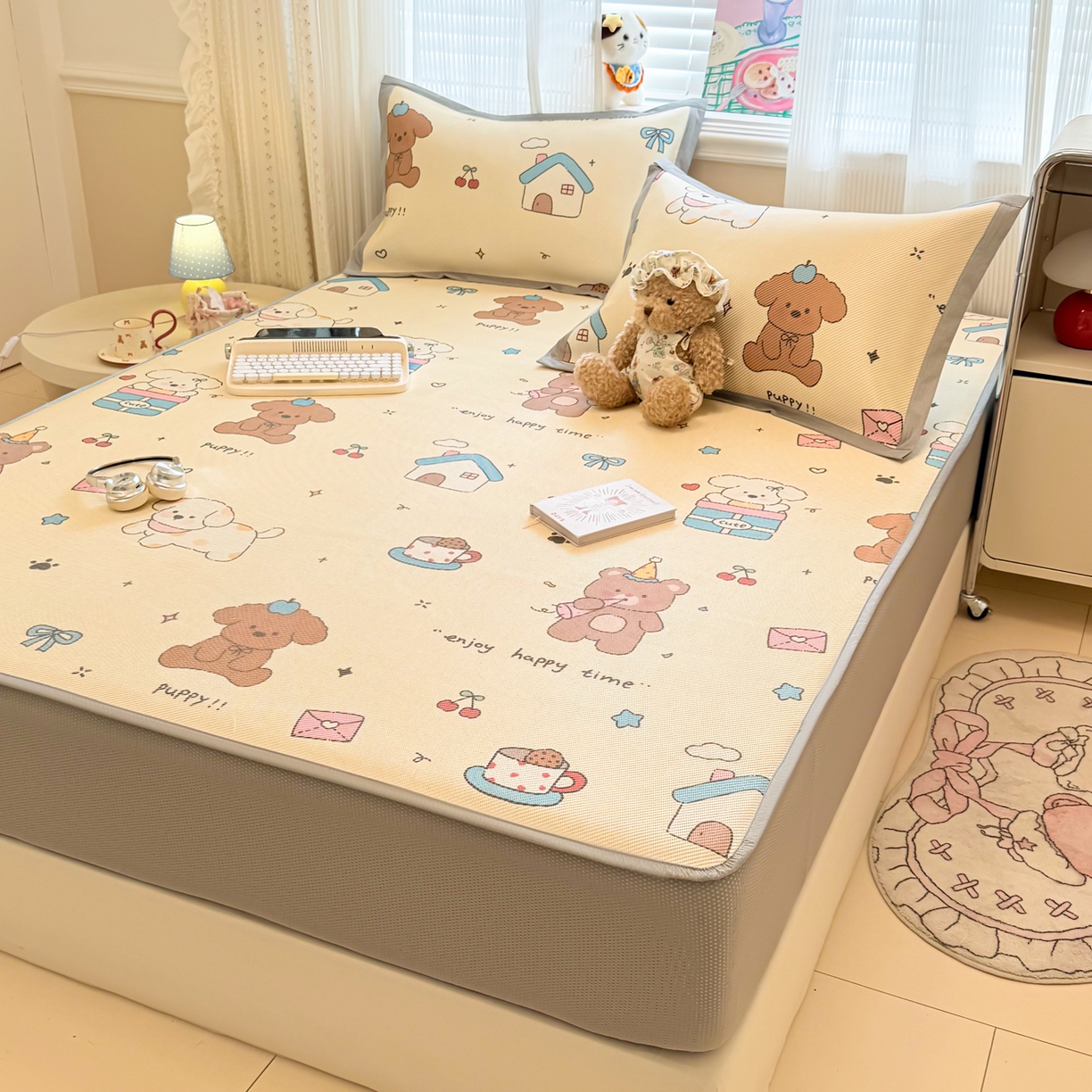 91家纺网 家纺一手货源 找家纺 慕尚家纺 2026新款清新凉感冰藤席床笠款 小福气