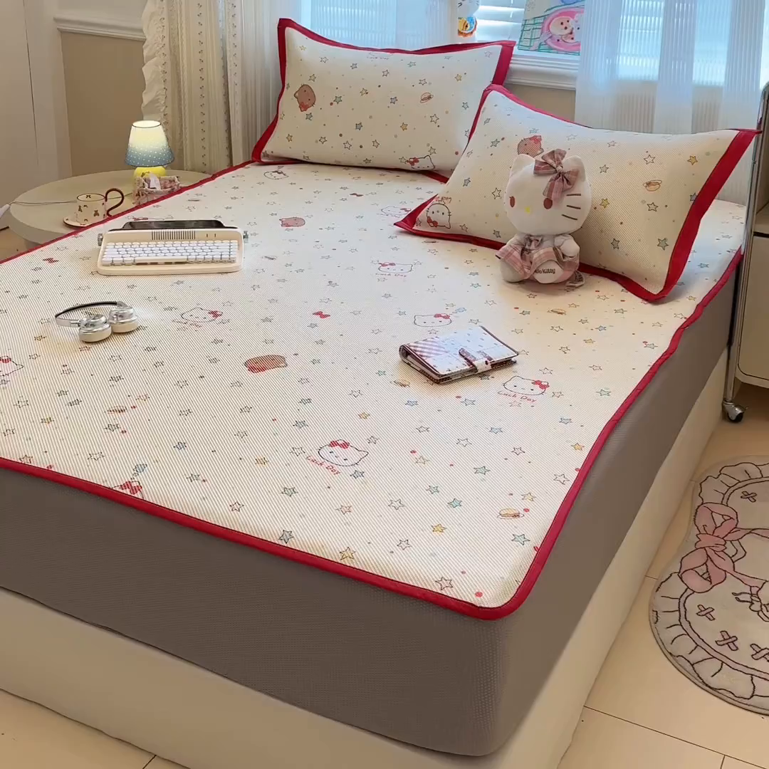 91家纺网 家纺一手货源 找家纺 慕尚家纺 2026新款清新凉感冰藤席床笠款 小猫耶