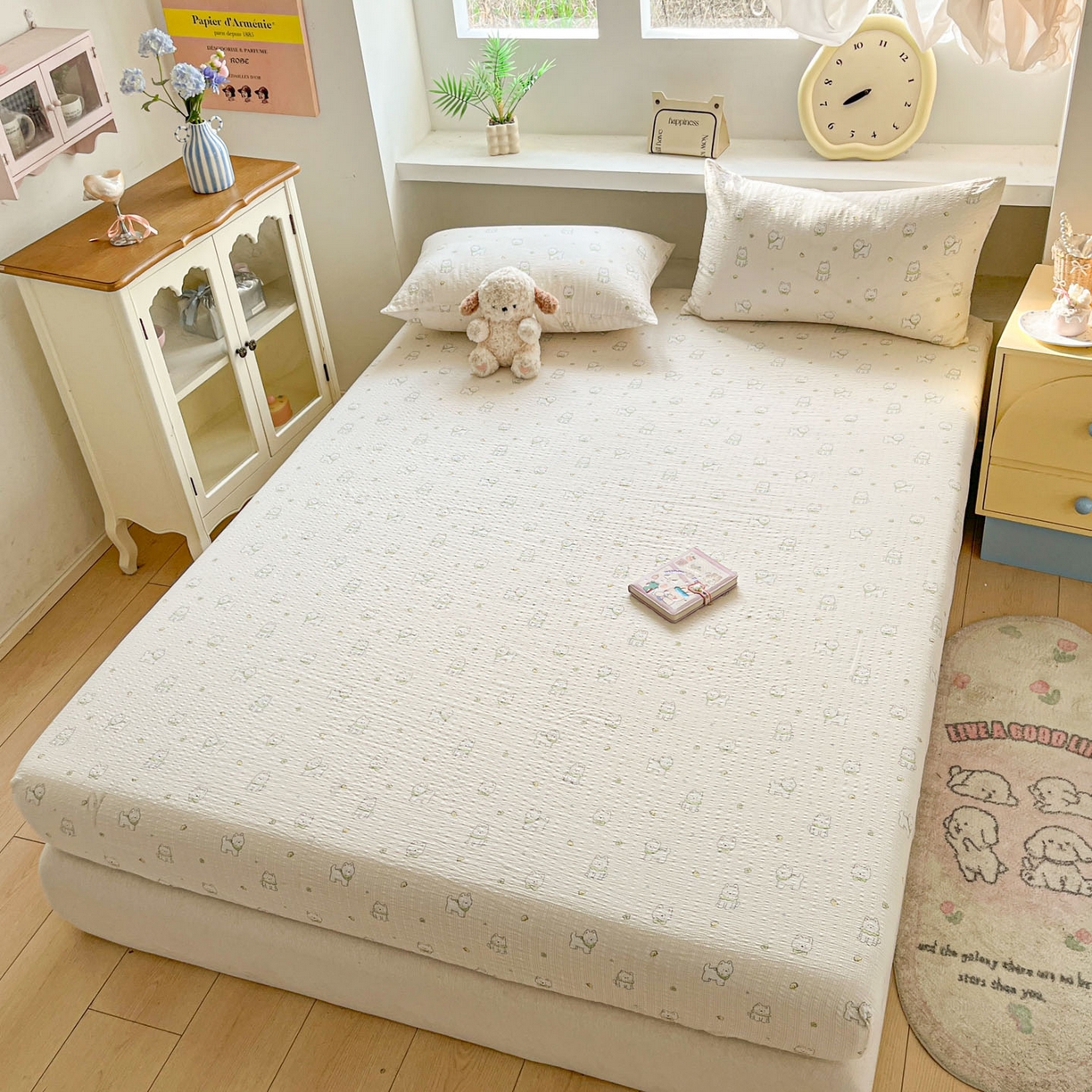 91家纺网 家纺一手货源 找家纺 蓝极人 2026新款泡泡纱印花床笠 CL耶耶狗