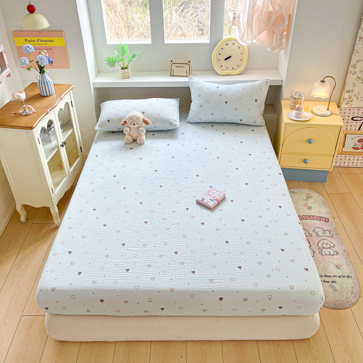 91家纺网 家纺一手货源 找家纺 蓝极人 2026新款泡泡纱印花床笠 CL好心情