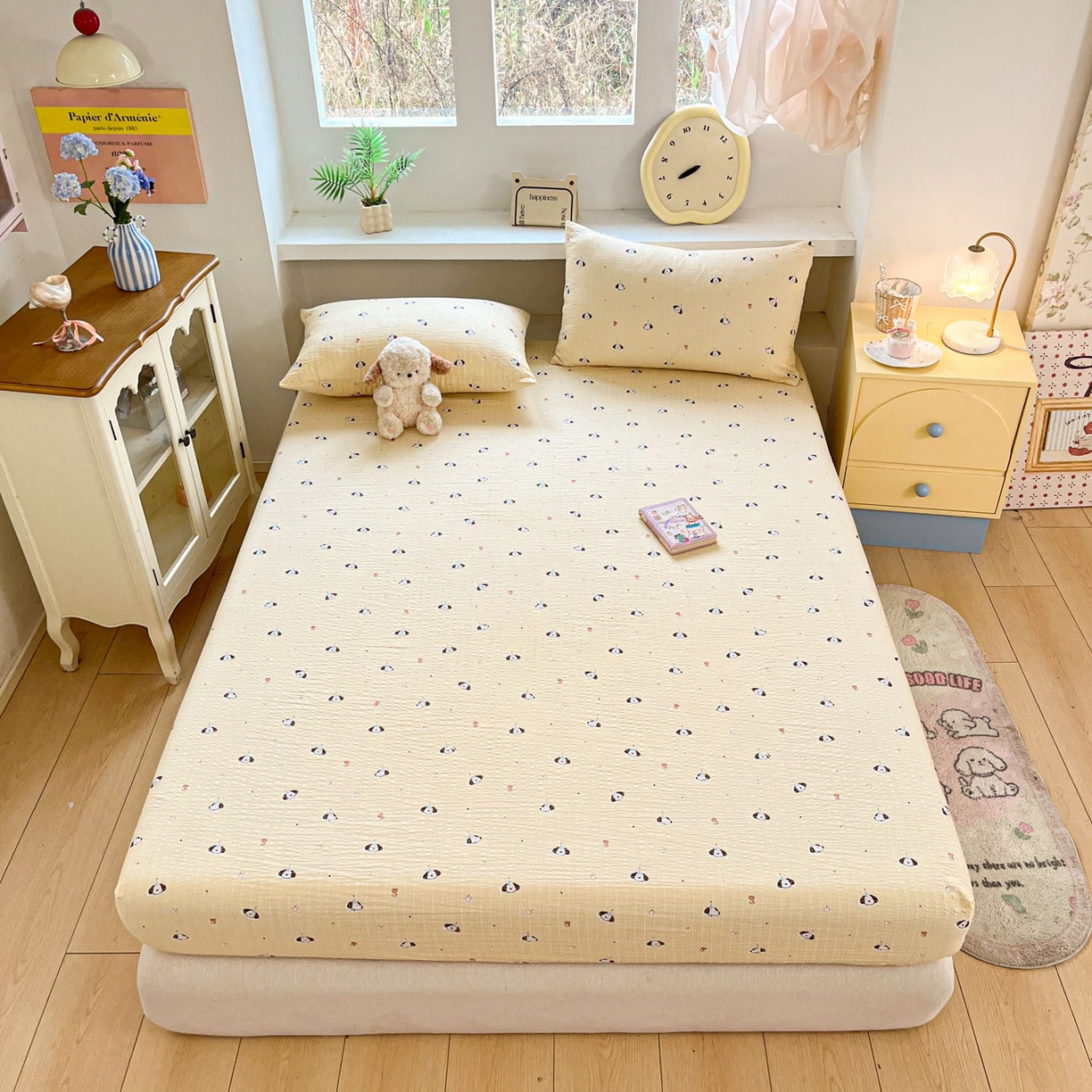 91家纺网 家纺一手货源 找家纺 蓝极人 2026新款泡泡纱印花床笠 CL生日狗