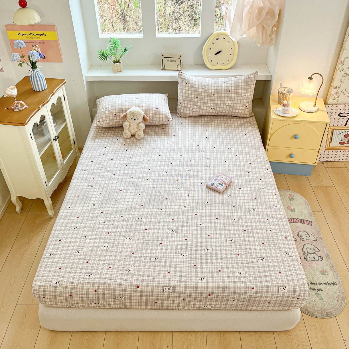 91家纺网 家纺一手货源 找家纺 蓝极人 2026新款泡泡纱印花床笠 CL苹果狗