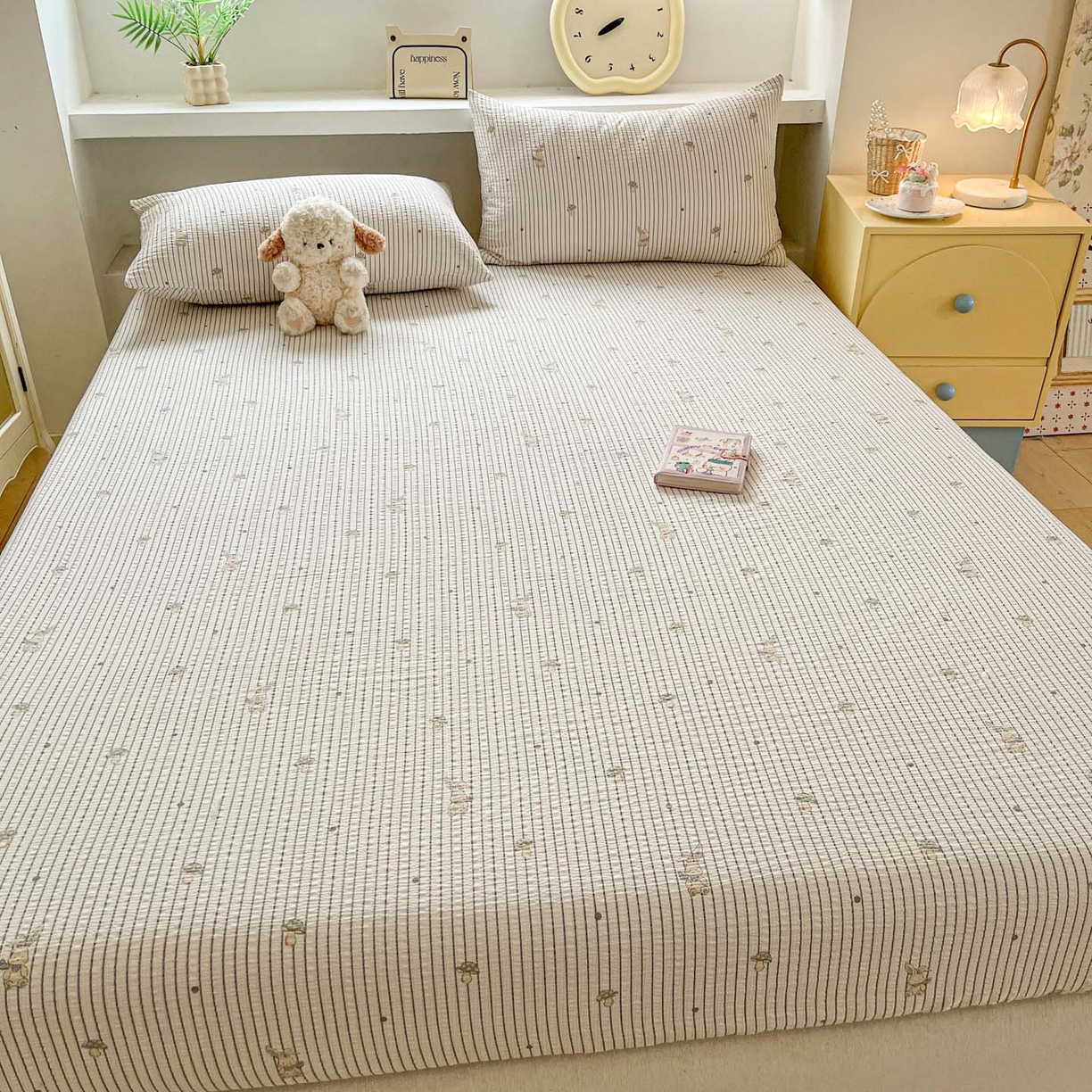 91家纺网 家纺一手货源 找家纺 蓝极人 2026新款泡泡纱印花床笠 CL蘑菇兔