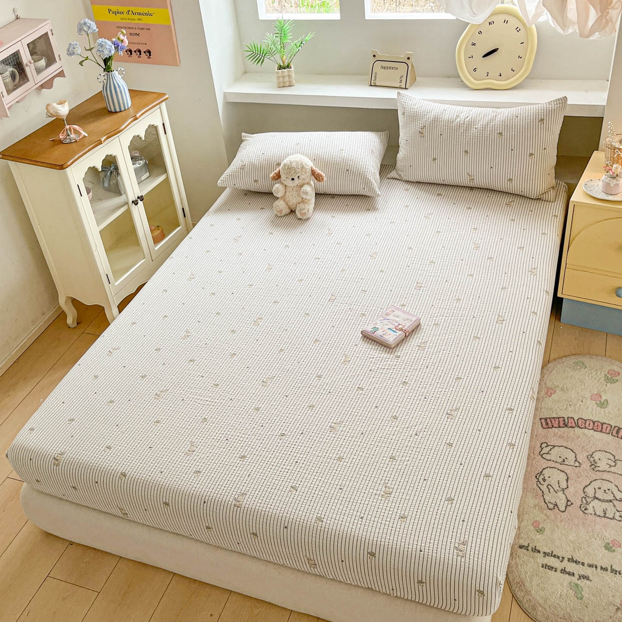 91家纺网 家纺一手货源 找家纺 蓝极人 2026新款泡泡纱印花床笠 CL蘑菇兔