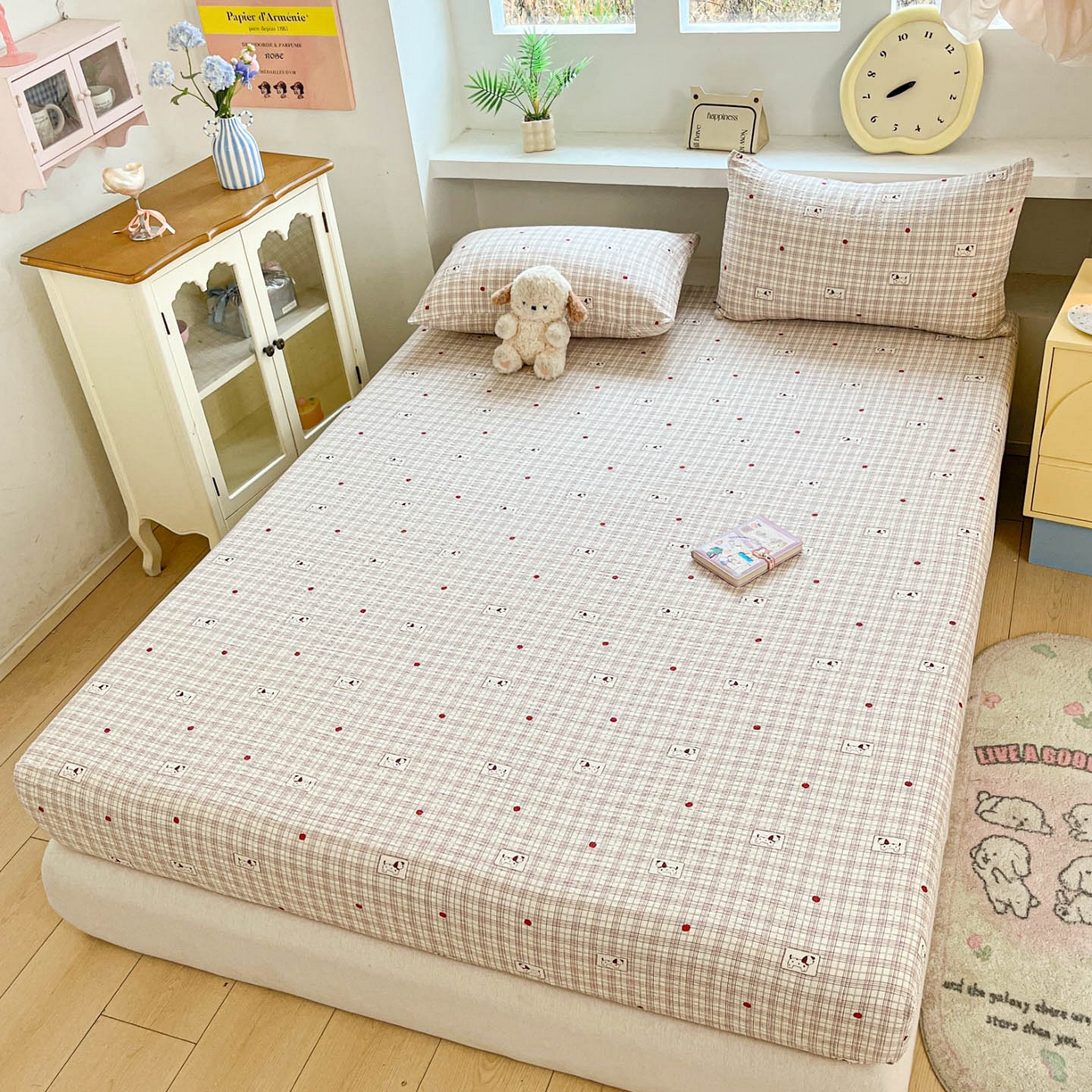 91家纺网 家纺一手货源 找家纺 蓝极人 2026新款泡泡纱印花床笠 CL苹果狗