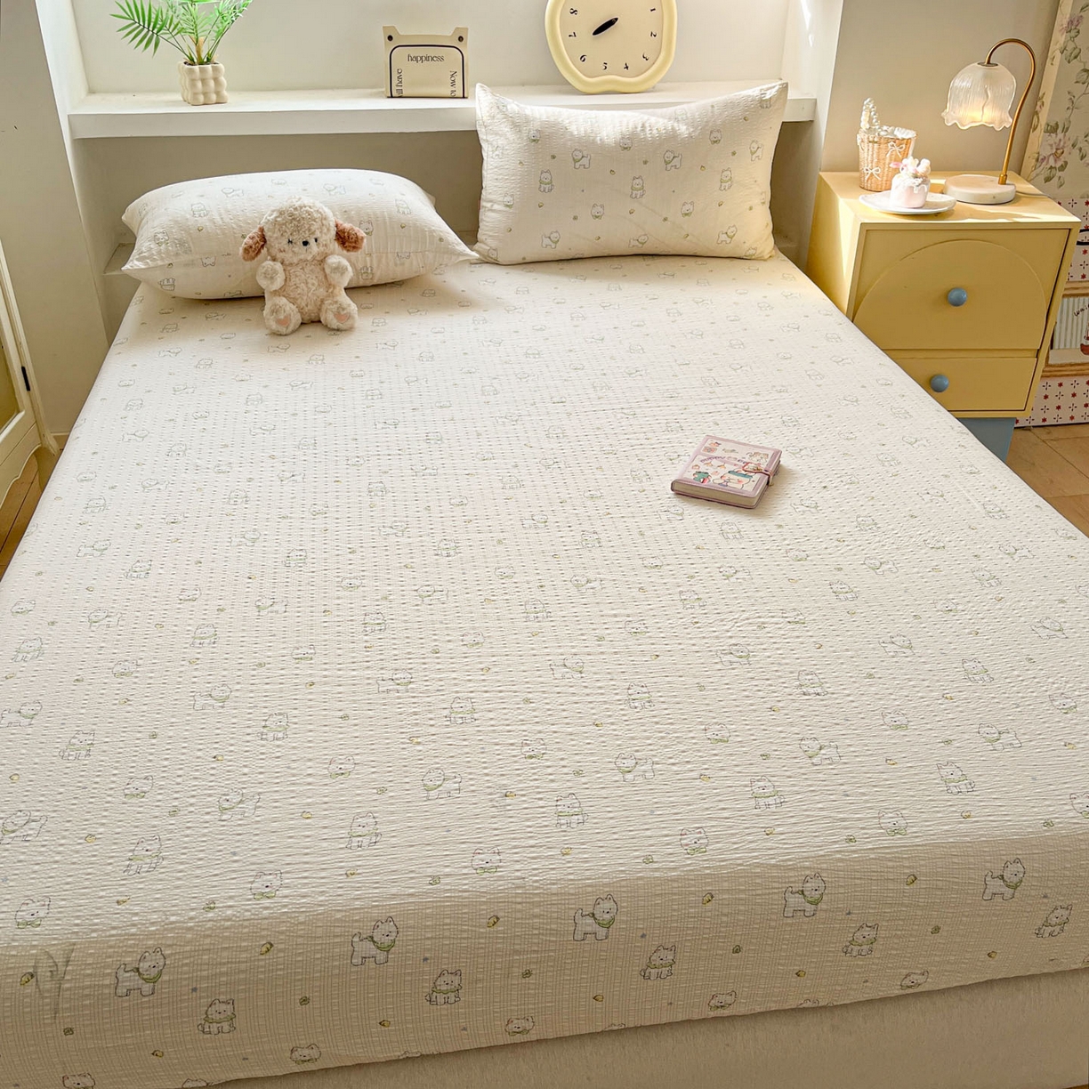 91家纺网 家纺一手货源 找家纺 蓝极人 2026新款泡泡纱印花床笠 CL耶耶狗