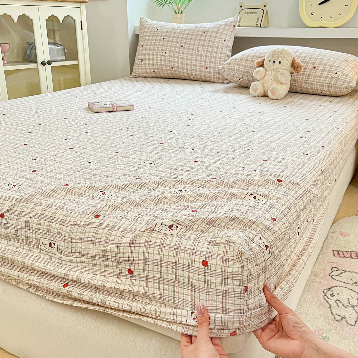 蓝极人 2026新款泡泡纱印花床笠 CL苹果狗