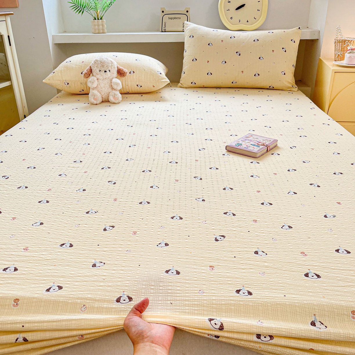 91家纺网 家纺一手货源 找家纺 蓝极人 2026新款泡泡纱印花床笠 CL生日狗