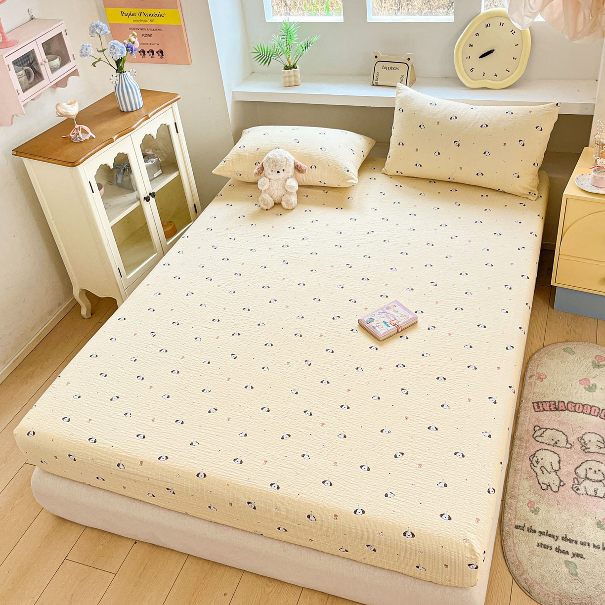 91家纺网 家纺一手货源 找家纺 蓝极人 2026新款泡泡纱印花床笠 CL生日狗