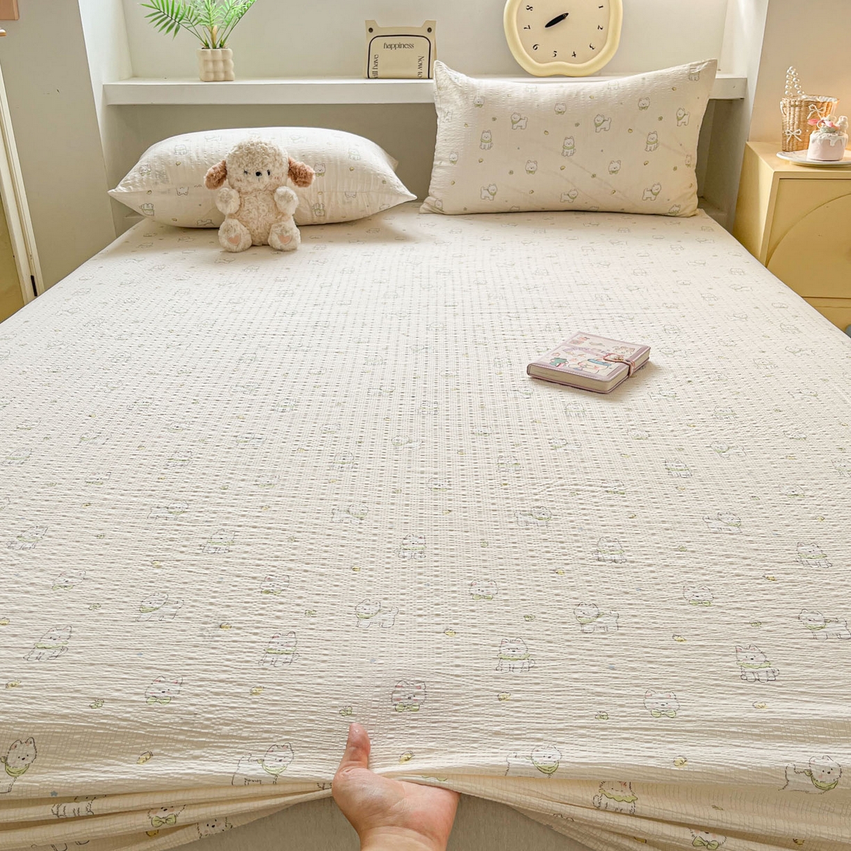 91家纺网 家纺一手货源 找家纺 蓝极人 2026新款泡泡纱印花床笠 CL耶耶狗