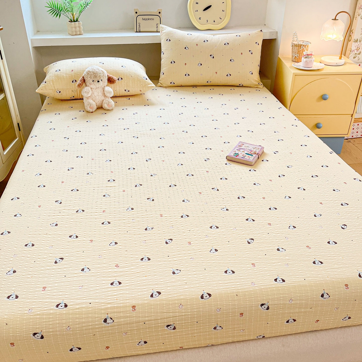 91家纺网 家纺一手货源 找家纺 蓝极人 2026新款泡泡纱印花床笠 CL生日狗