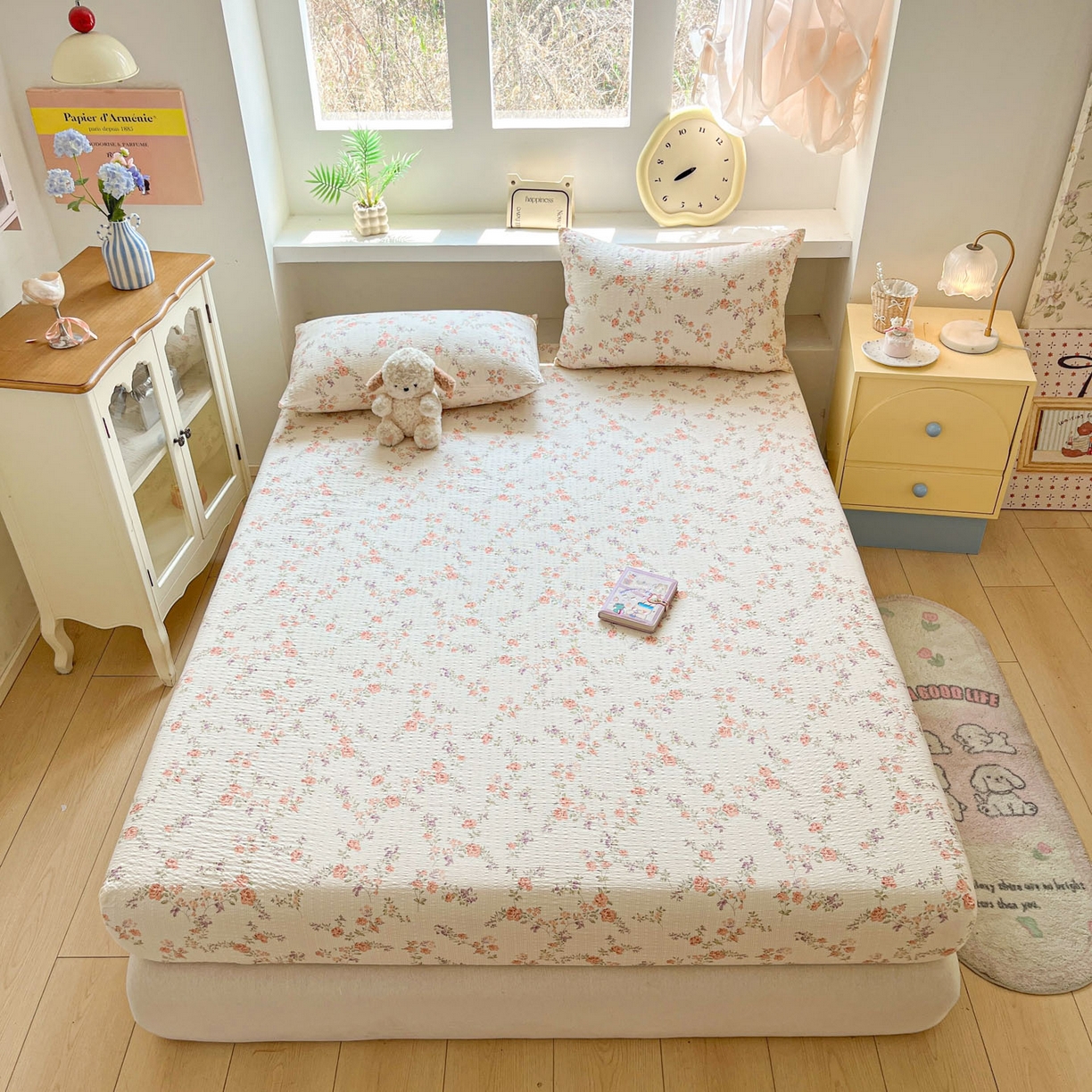 91家纺网 家纺一手货源 找家纺 蓝极人 2026新款泡泡纱印花床笠 CL春色