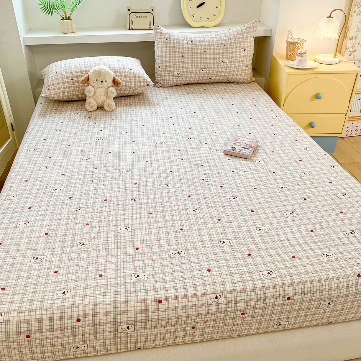 91家纺网 家纺一手货源 找家纺 蓝极人 2026新款泡泡纱印花床笠 CL苹果狗