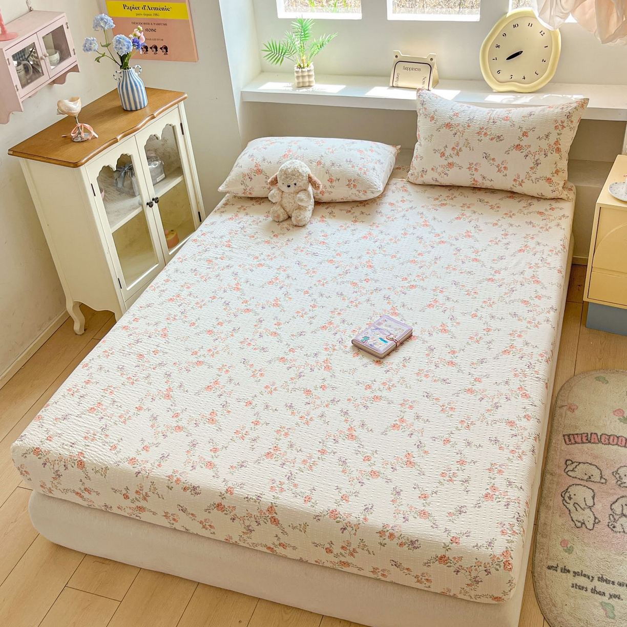 91家纺网 家纺一手货源 找家纺 蓝极人 2026新款泡泡纱印花床笠 CL春色