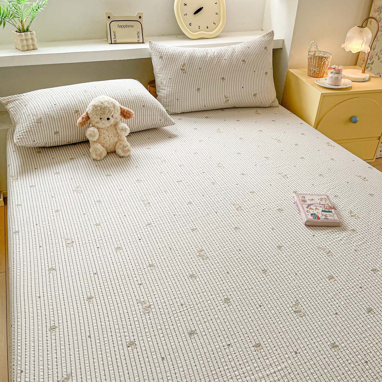 91家纺网 家纺一手货源 找家纺 蓝极人 2026新款泡泡纱印花床笠 CL蘑菇兔