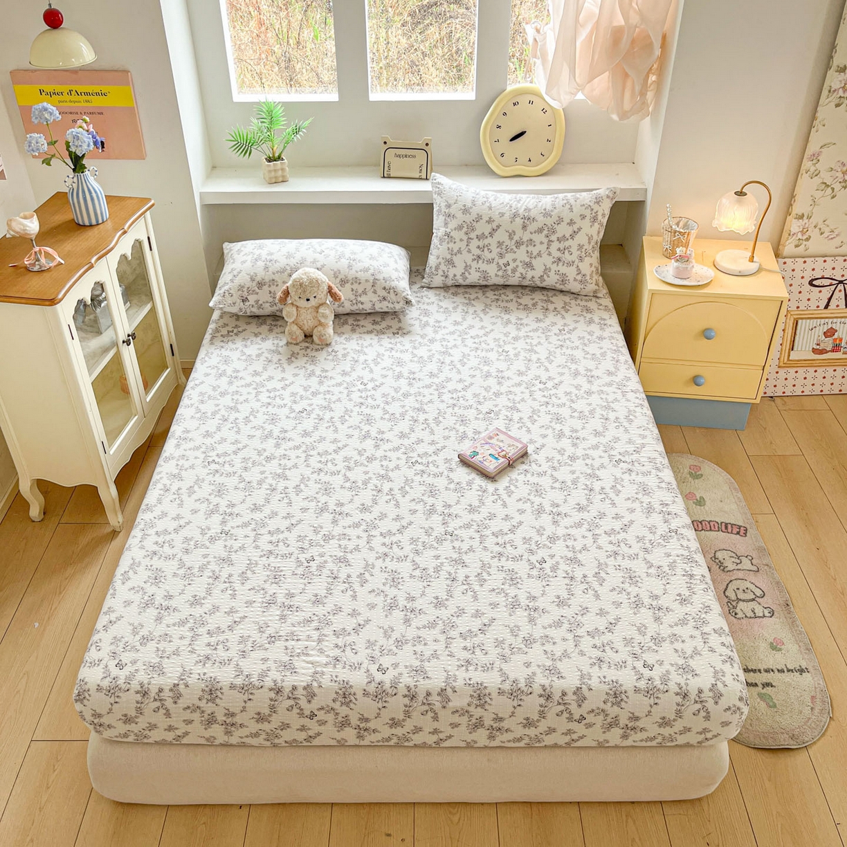 91家纺网 家纺一手货源 找家纺 蓝极人 2026新款泡泡纱印花床笠 CL蝶迹