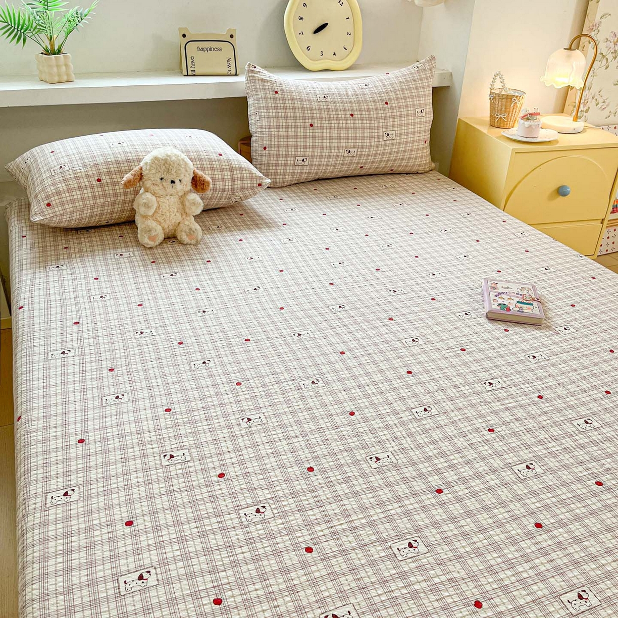 91家纺网 家纺一手货源 找家纺 蓝极人 2026新款泡泡纱印花床笠 CL苹果狗