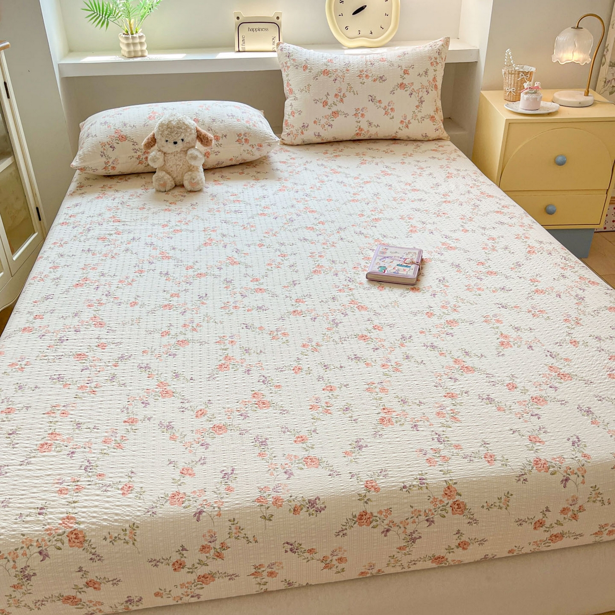 91家纺网 家纺一手货源 找家纺 蓝极人 2026新款泡泡纱印花床笠 CL春色