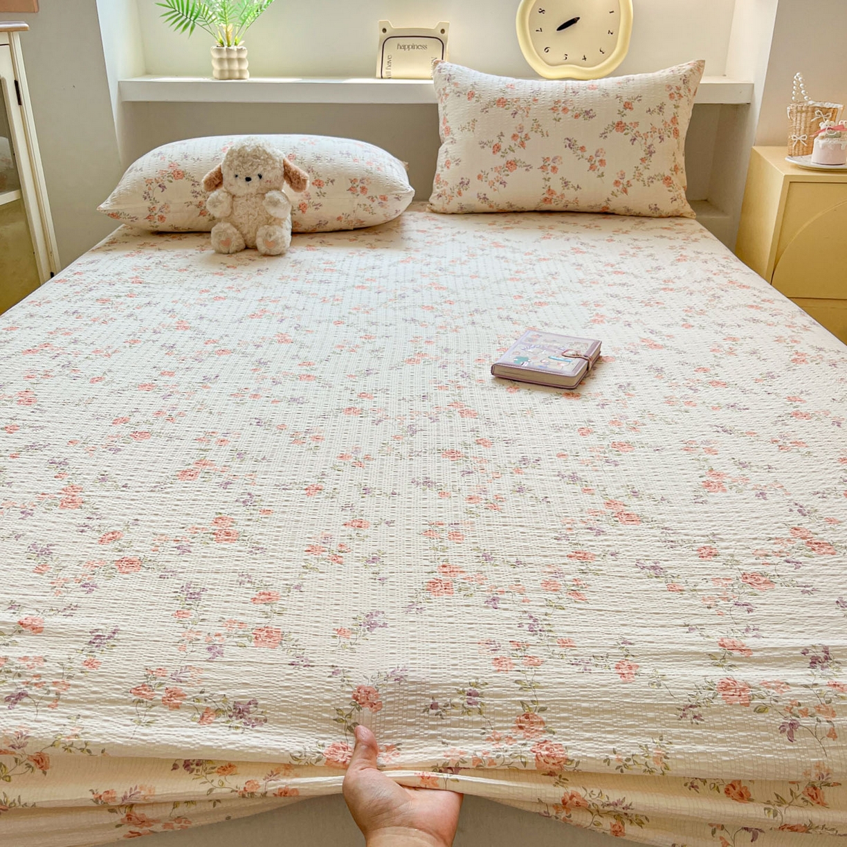 91家纺网 家纺一手货源 找家纺 蓝极人 2026新款泡泡纱印花床笠 CL春色