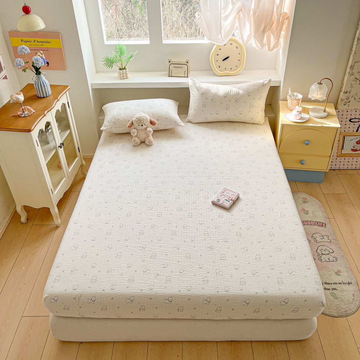 91家纺网 家纺一手货源 找家纺 蓝极人 2026新款泡泡纱印花床笠 CL耶耶狗