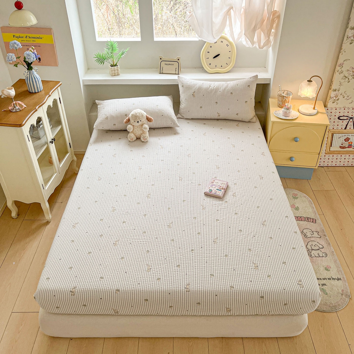 91家纺网 家纺一手货源 找家纺 蓝极人 2026新款泡泡纱印花床笠 CL蘑菇兔