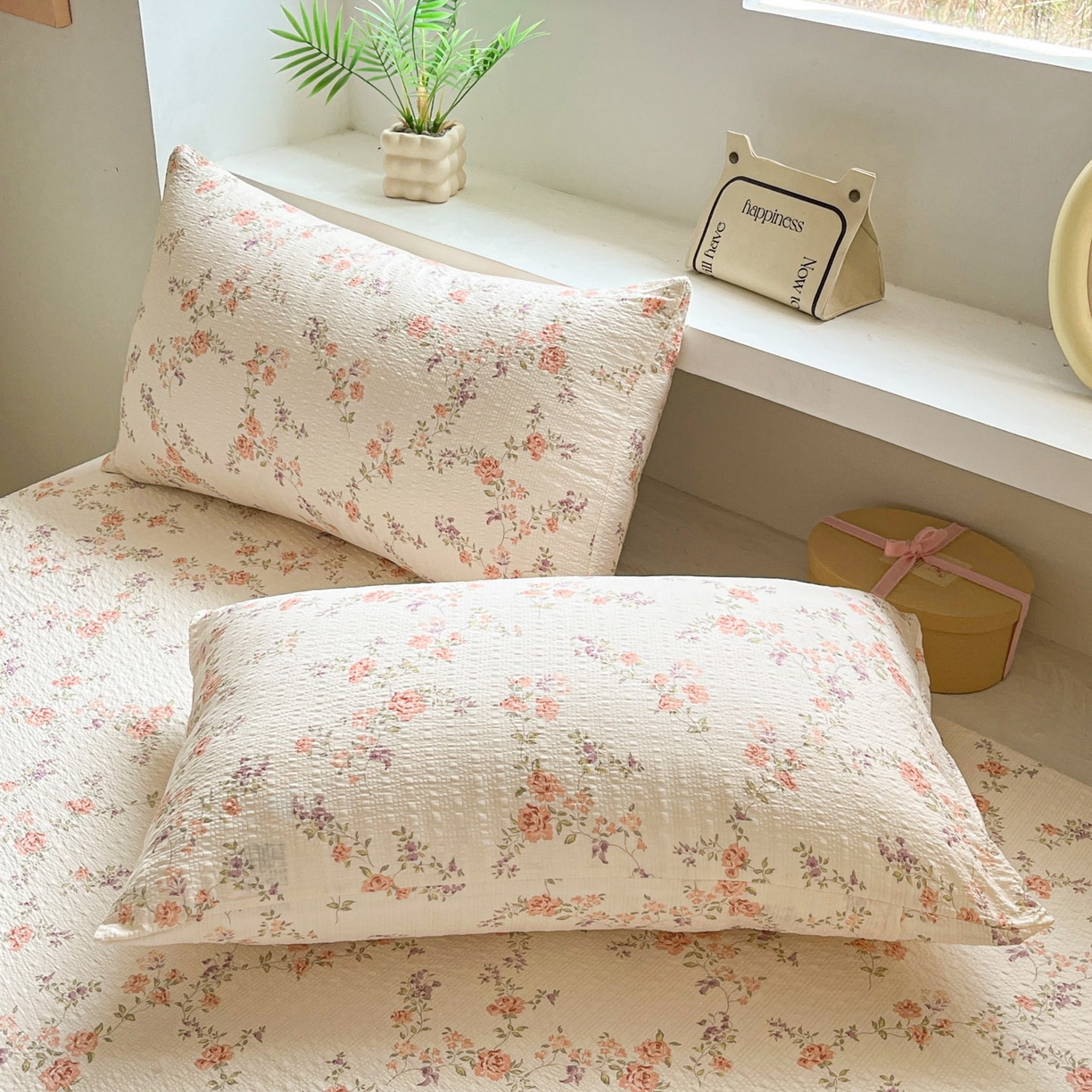 91家纺网 家纺一手货源 找家纺 蓝极人 2026新款泡泡纱印花床笠 CL春色