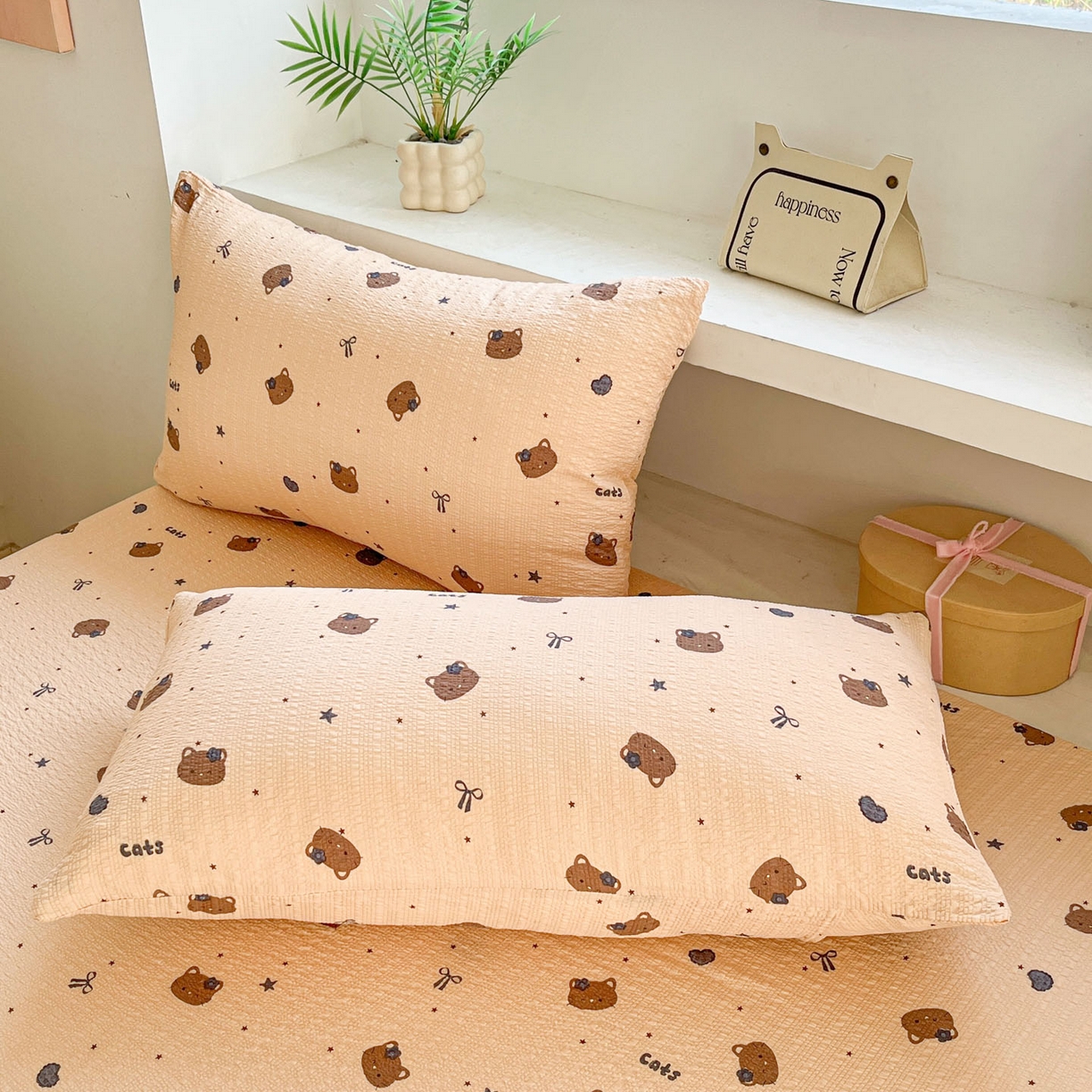 91家纺网 家纺一手货源 找家纺 蓝极人 2026新款泡泡纱印花床笠 CL曲奇猫