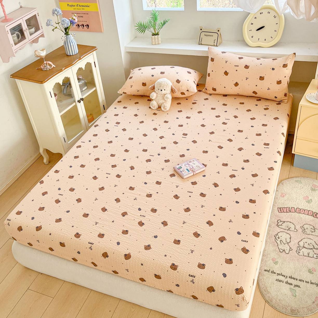 91家纺网 家纺一手货源 找家纺 蓝极人 2026新款泡泡纱印花床笠 CL曲奇猫