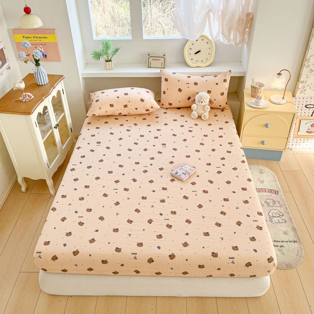 91家纺网 家纺一手货源 找家纺 蓝极人 2026新款泡泡纱印花床笠 CL曲奇猫