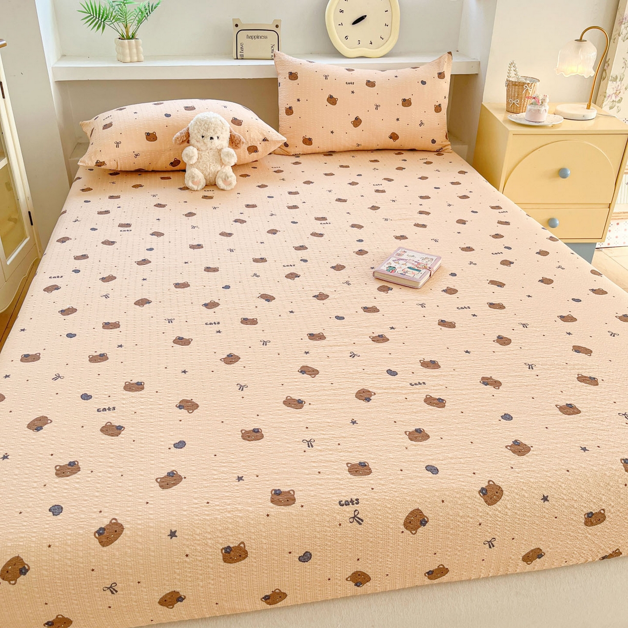 91家纺网 家纺一手货源 找家纺 蓝极人 2026新款泡泡纱印花床笠 CL曲奇猫