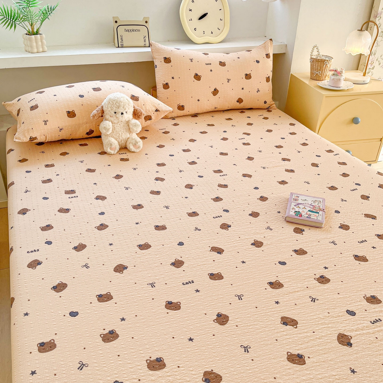 91家纺网 家纺一手货源 找家纺 蓝极人 2026新款泡泡纱印花床笠 CL曲奇猫